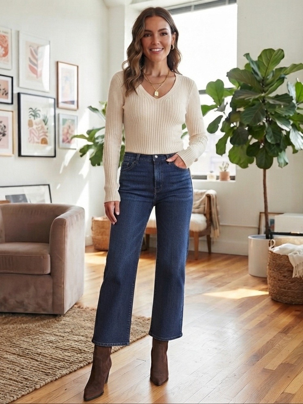 Ribbed v neck long sleeve